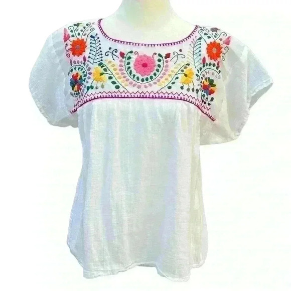Mexican embroidered blouse white with multicolored floral motif size S - Picture 1 of 6
